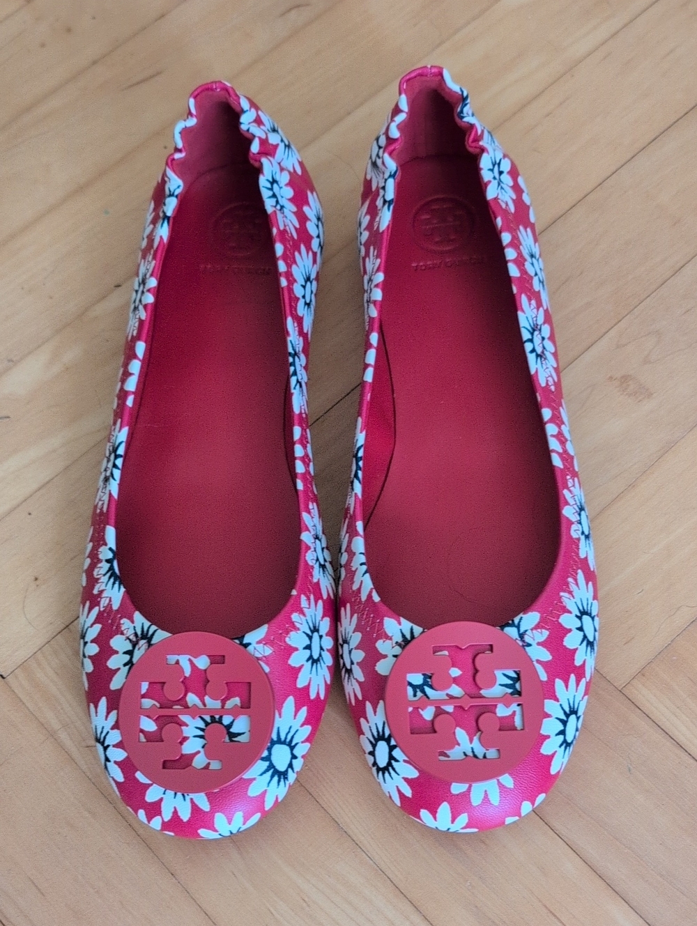 Tory Burch Red Daisy Print Minnie Travel Ballet Flats 9.5